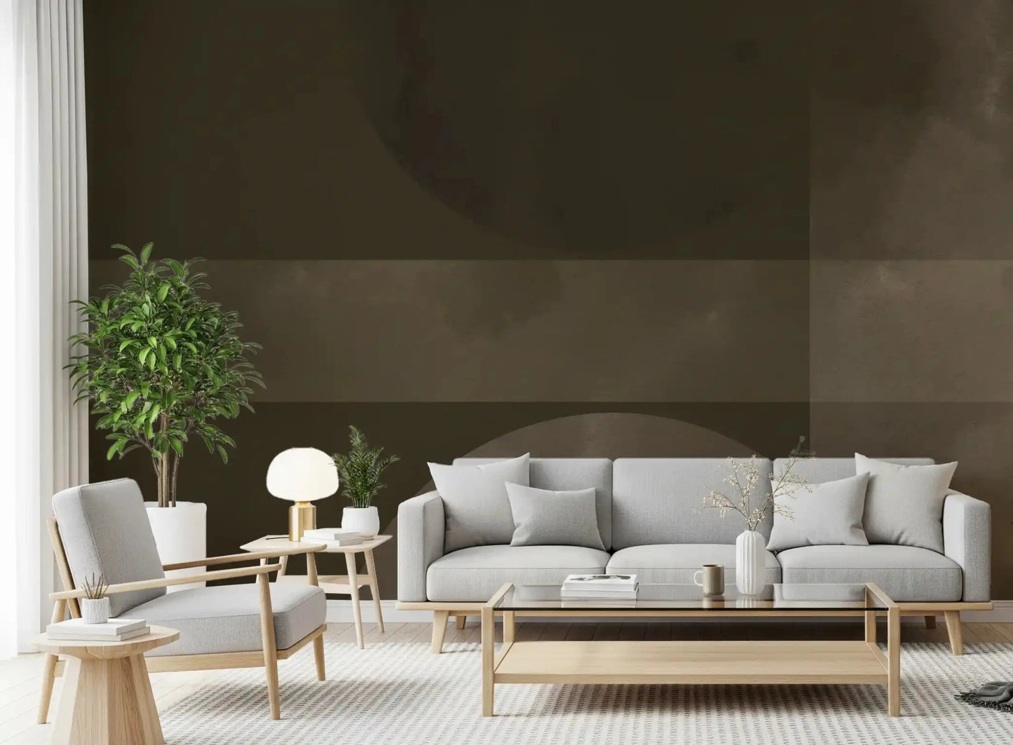 A living room corner gains earthy tones from Muted Horizon abstract wall mural.GD9601