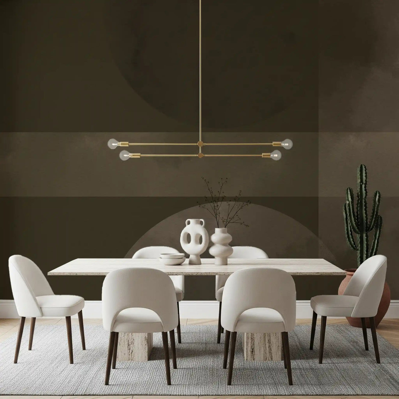 Muted Horizon Geometry wall mural turns the dining room into an earthy backdrop.GD9601