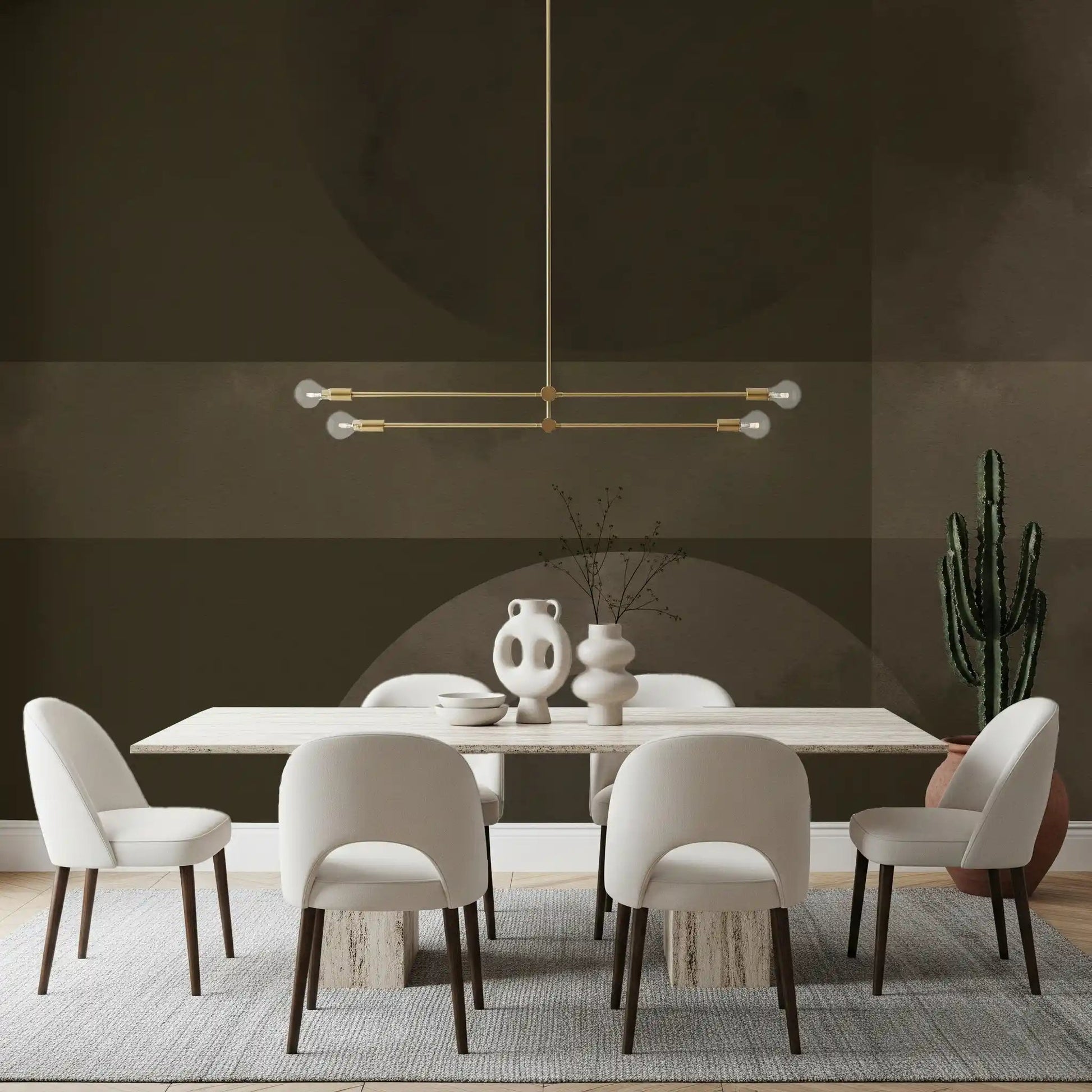 Muted Horizon Geometry wall mural turns the dining room into an earthy backdrop.GD9601