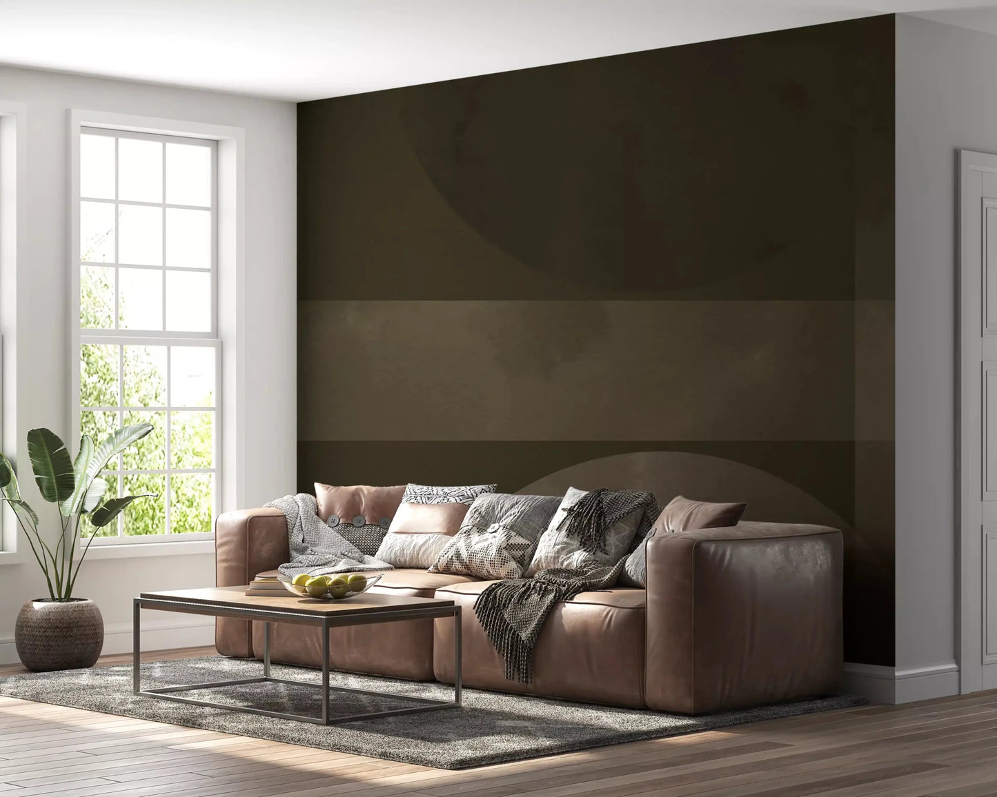 At top and bottom, Muted Horizon Geometry wall mural anchors two olive circles.GD9601