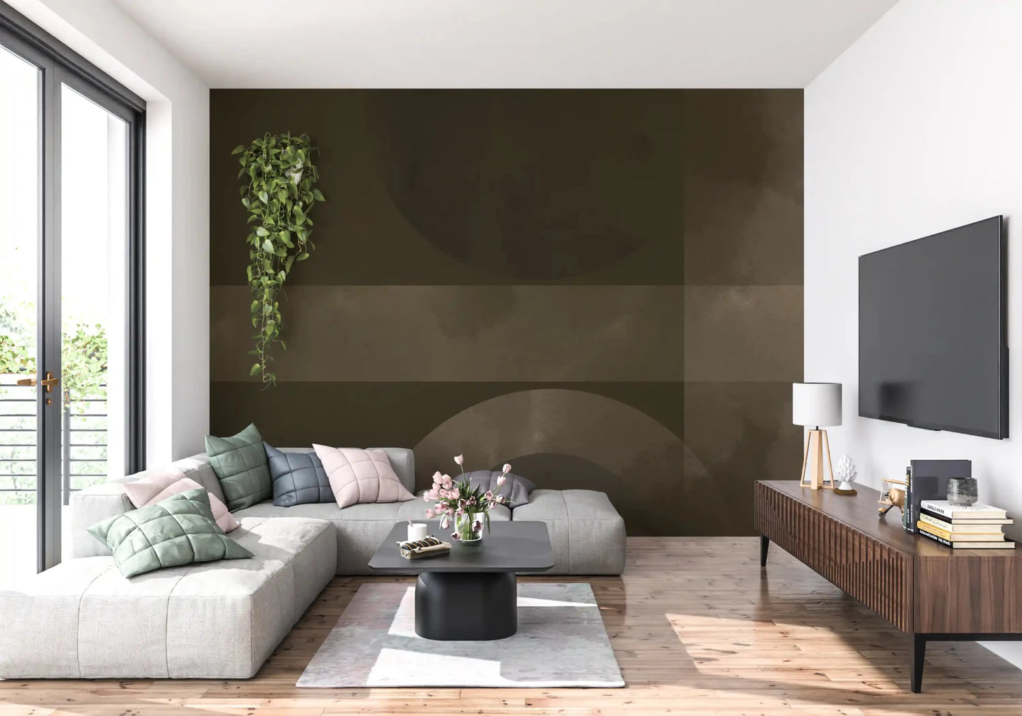 The lounge takes on quiet geometry from Muted Horizon abstract shapes wall mural.GD9601