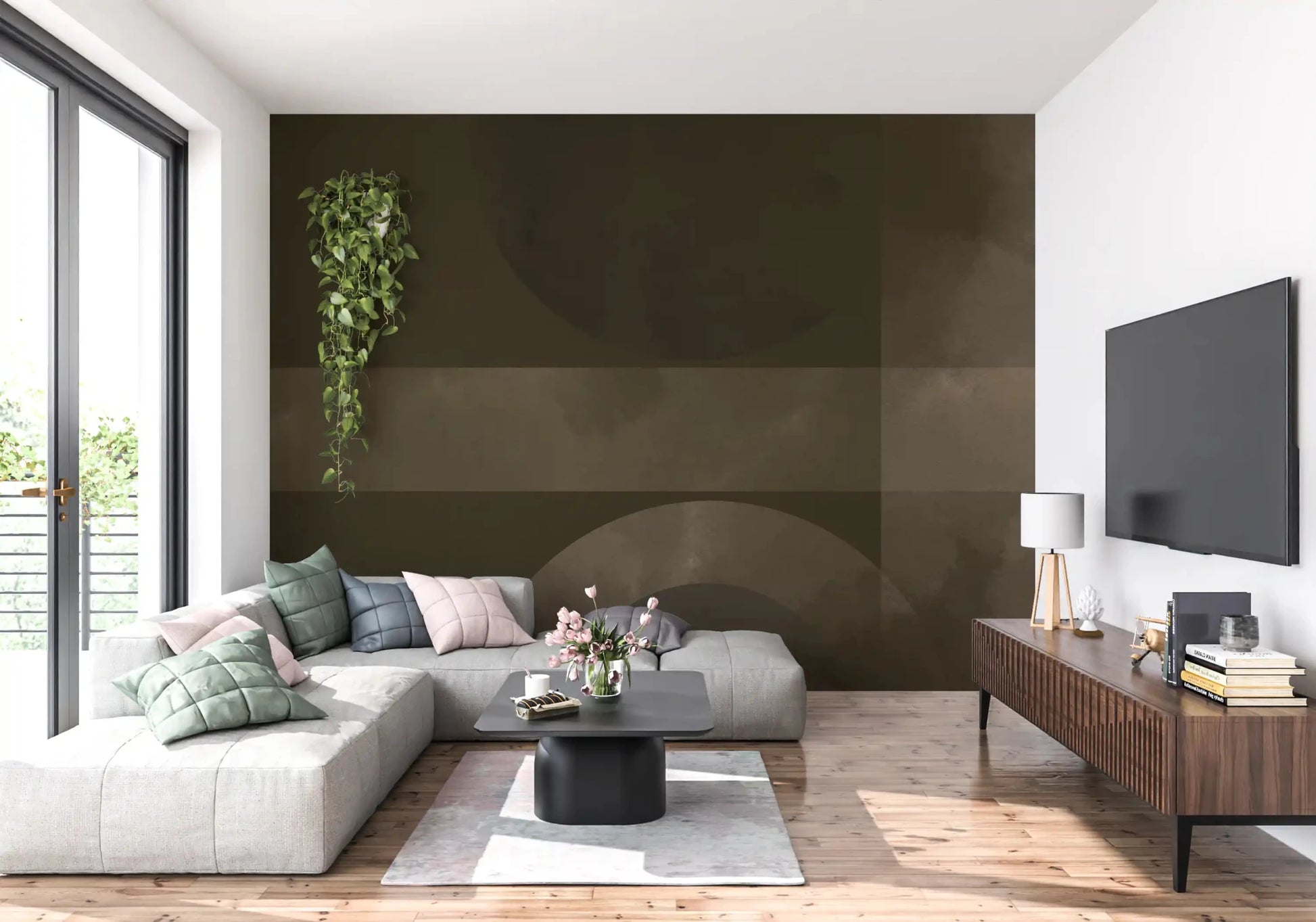 The lounge takes on quiet geometry from Muted Horizon abstract shapes wall mural.GD9601
