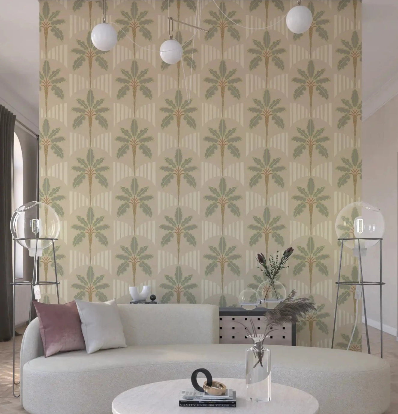 Living room Muted Palms & Arches Wallpaper with sage palm pattern