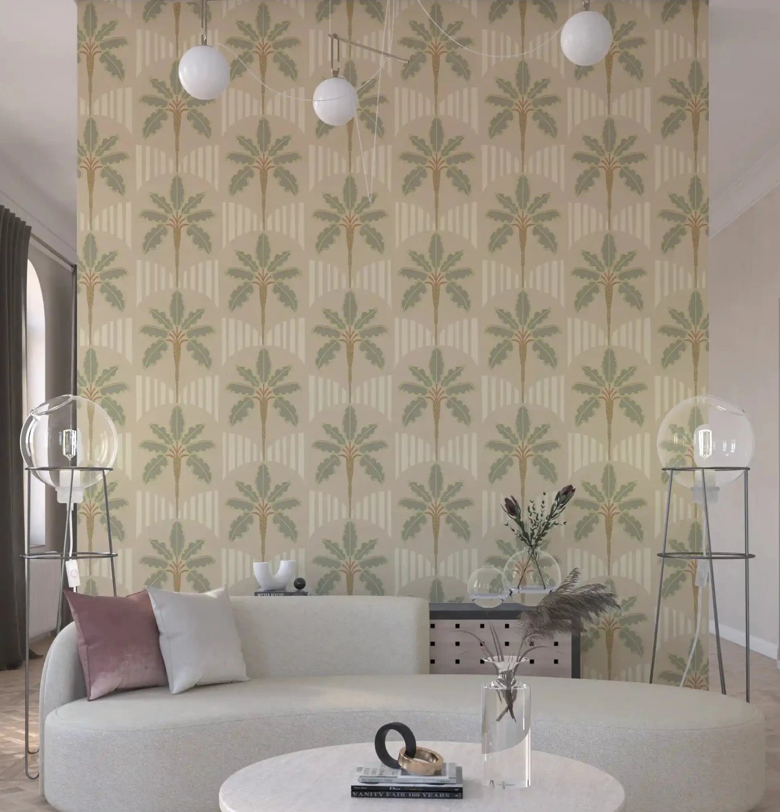 Living room Muted Palms & Arches Wallpaper with sage palm pattern, GD9078