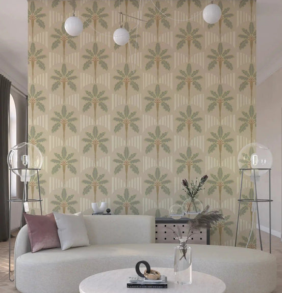 Living room Muted Palms & Arches Wallpaper with sage palm pattern, GD9078