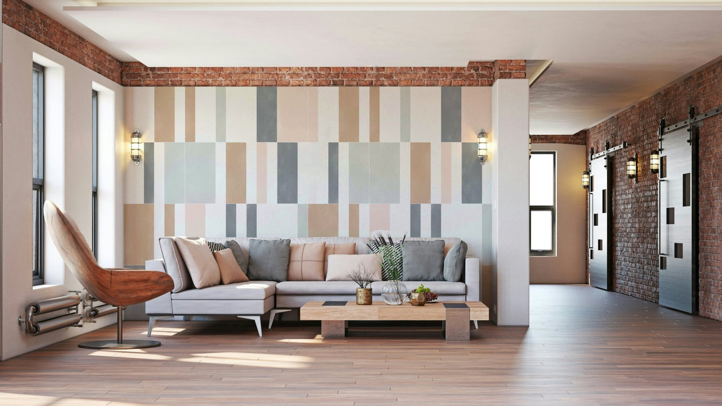 Calm pastel tile mural with gentle, soft hues.

