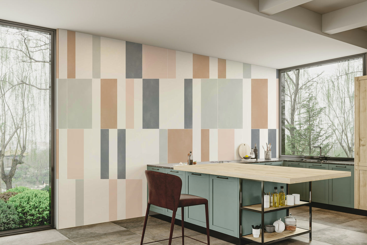 Chic and serene pastel tiles design wall mural.

