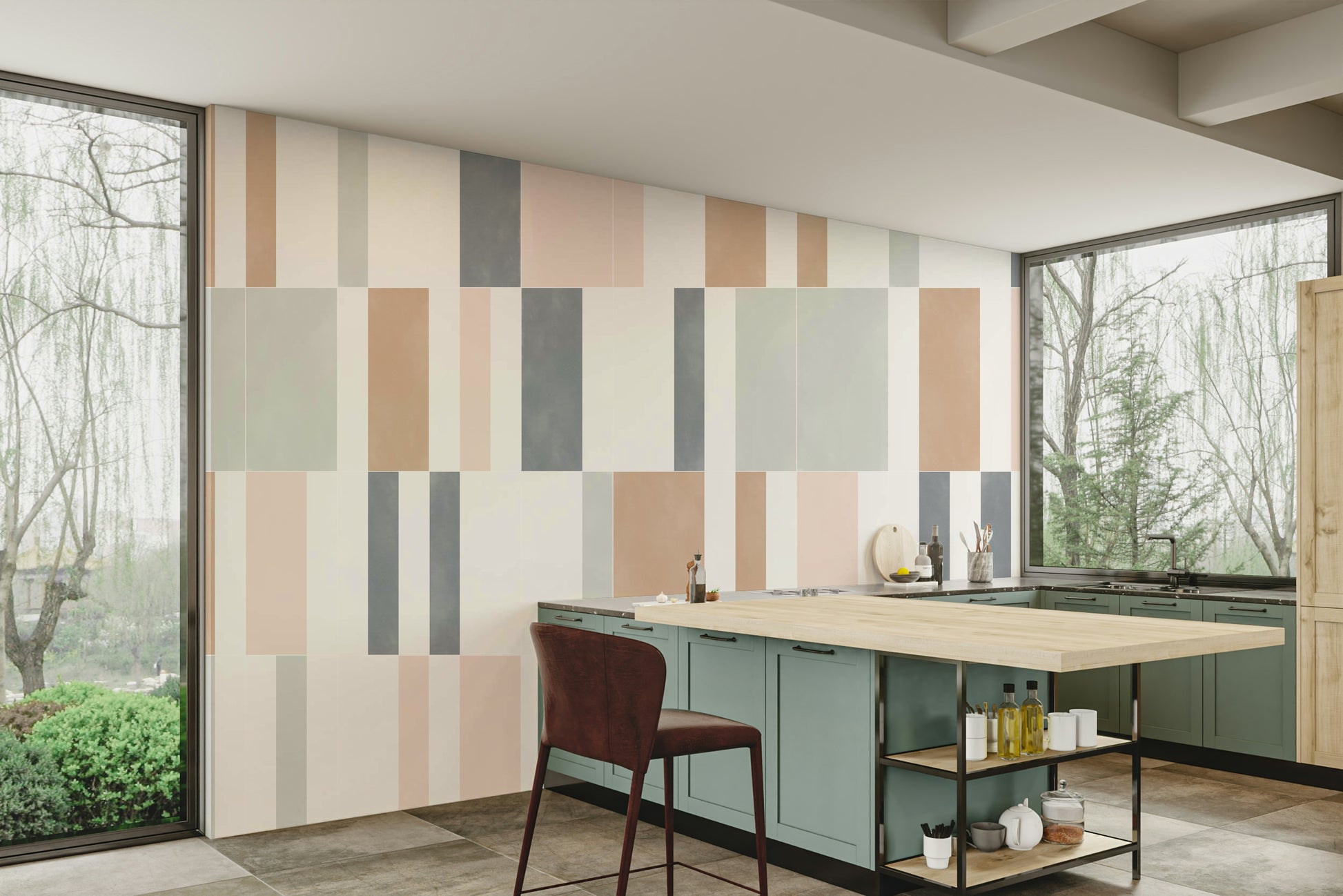 Chic and serene pastel tiles design wall mural.

