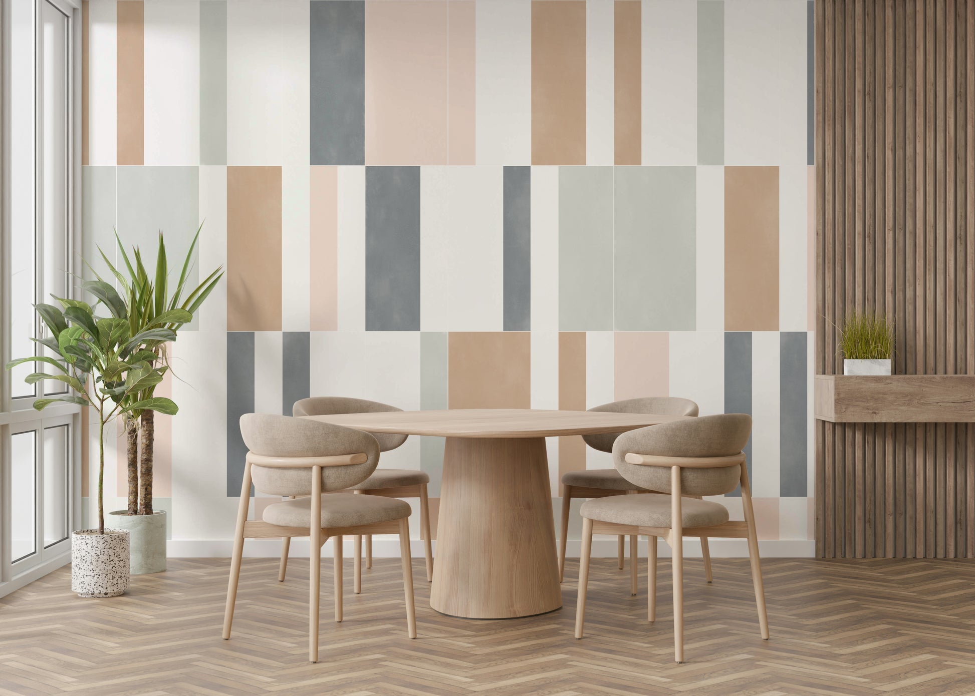 Subtle pastel tiles wall mural for a minimalist touch.

