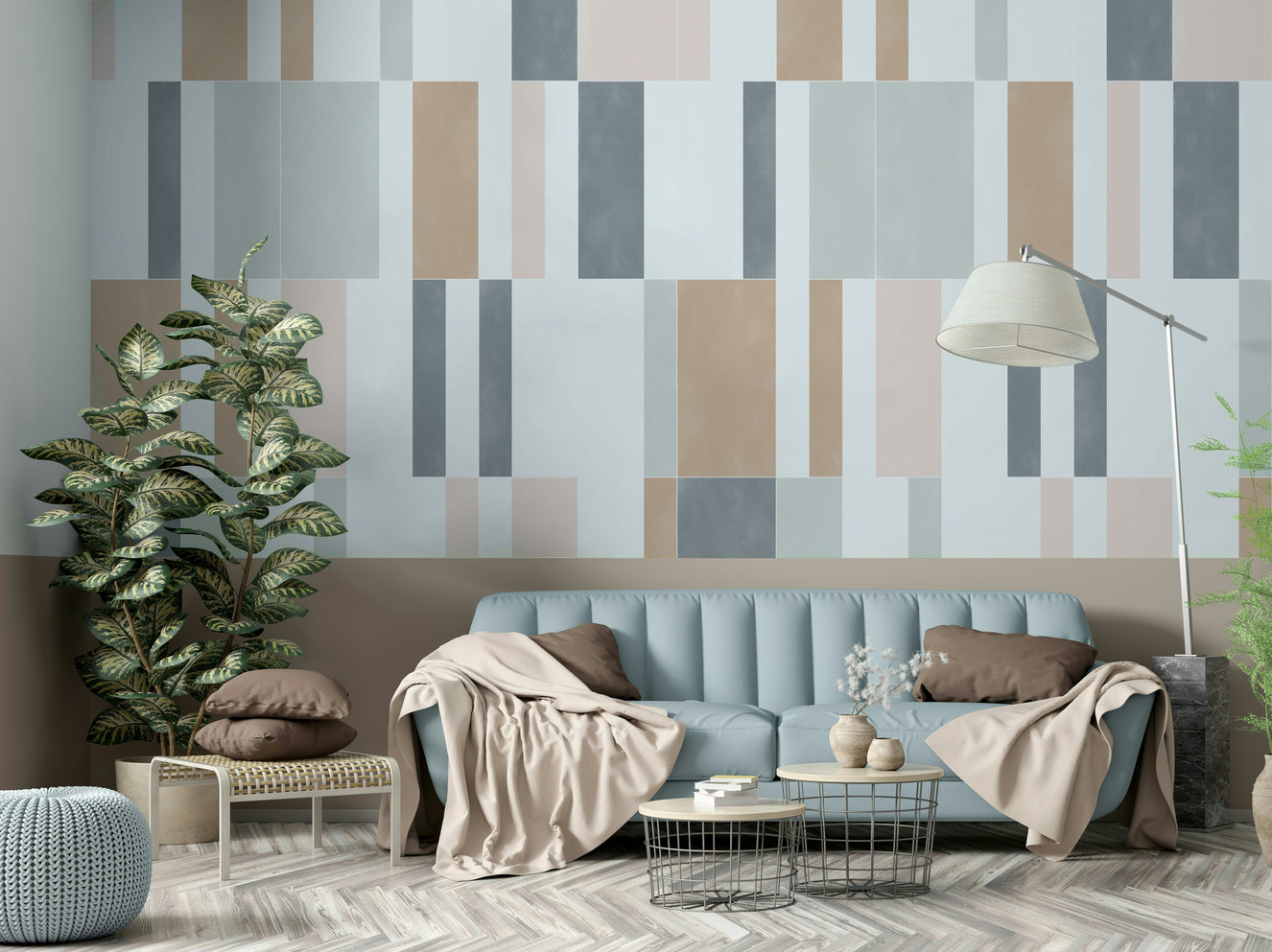 Soft pastel tiles wall mural for a peaceful vibe.

