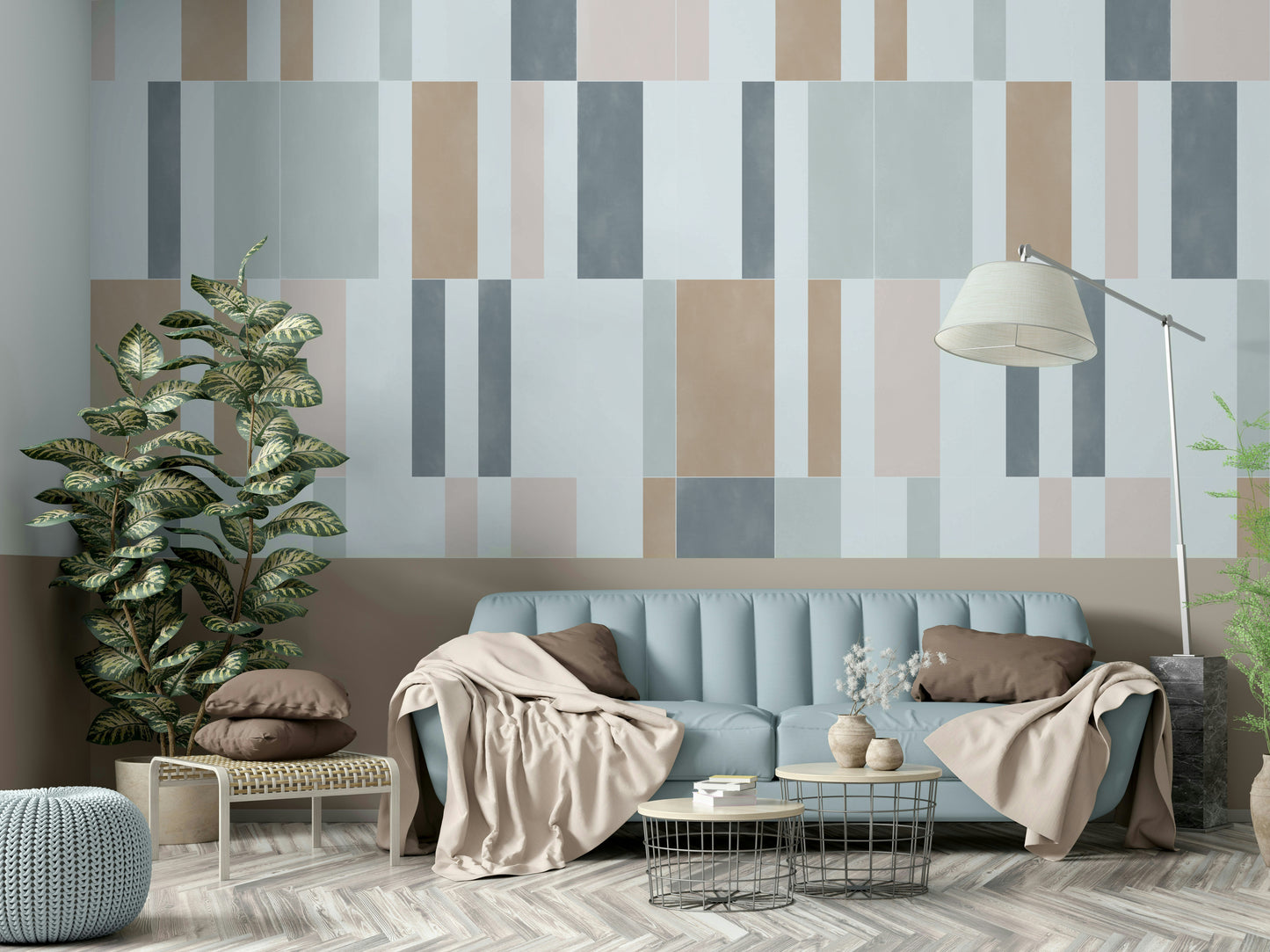 Soft pastel tiles wall mural for a peaceful vibe.

