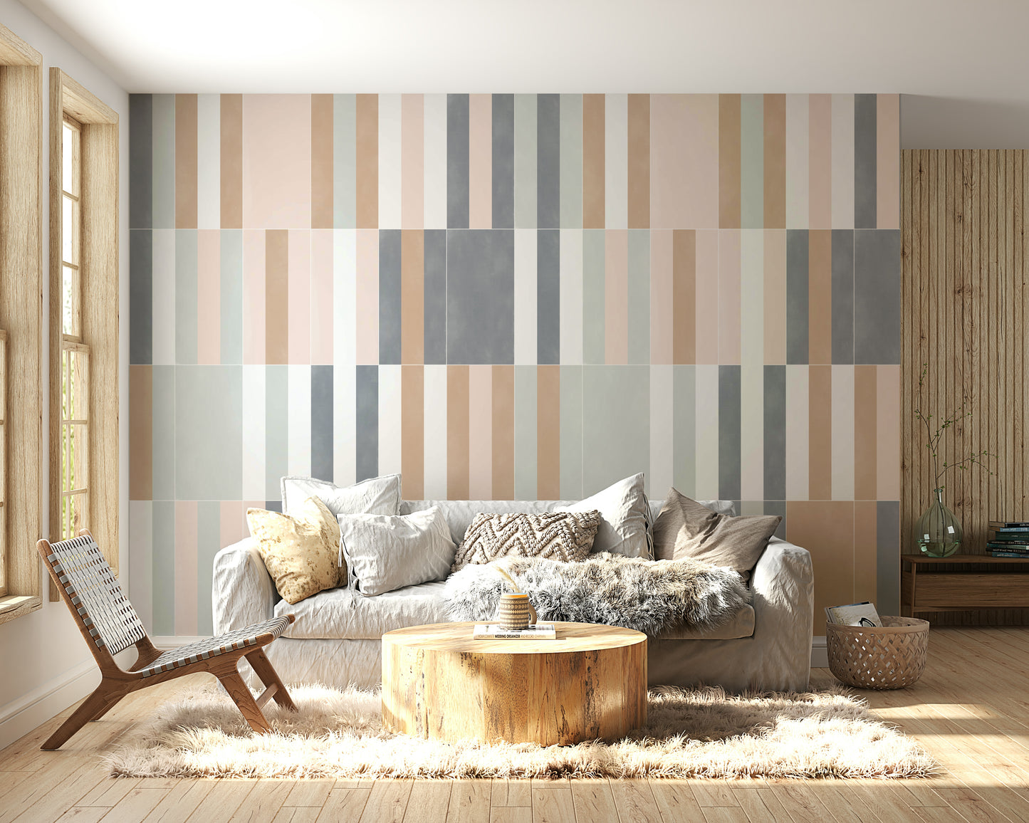 Pastel tile wall mural featuring soft, neutral tones.

