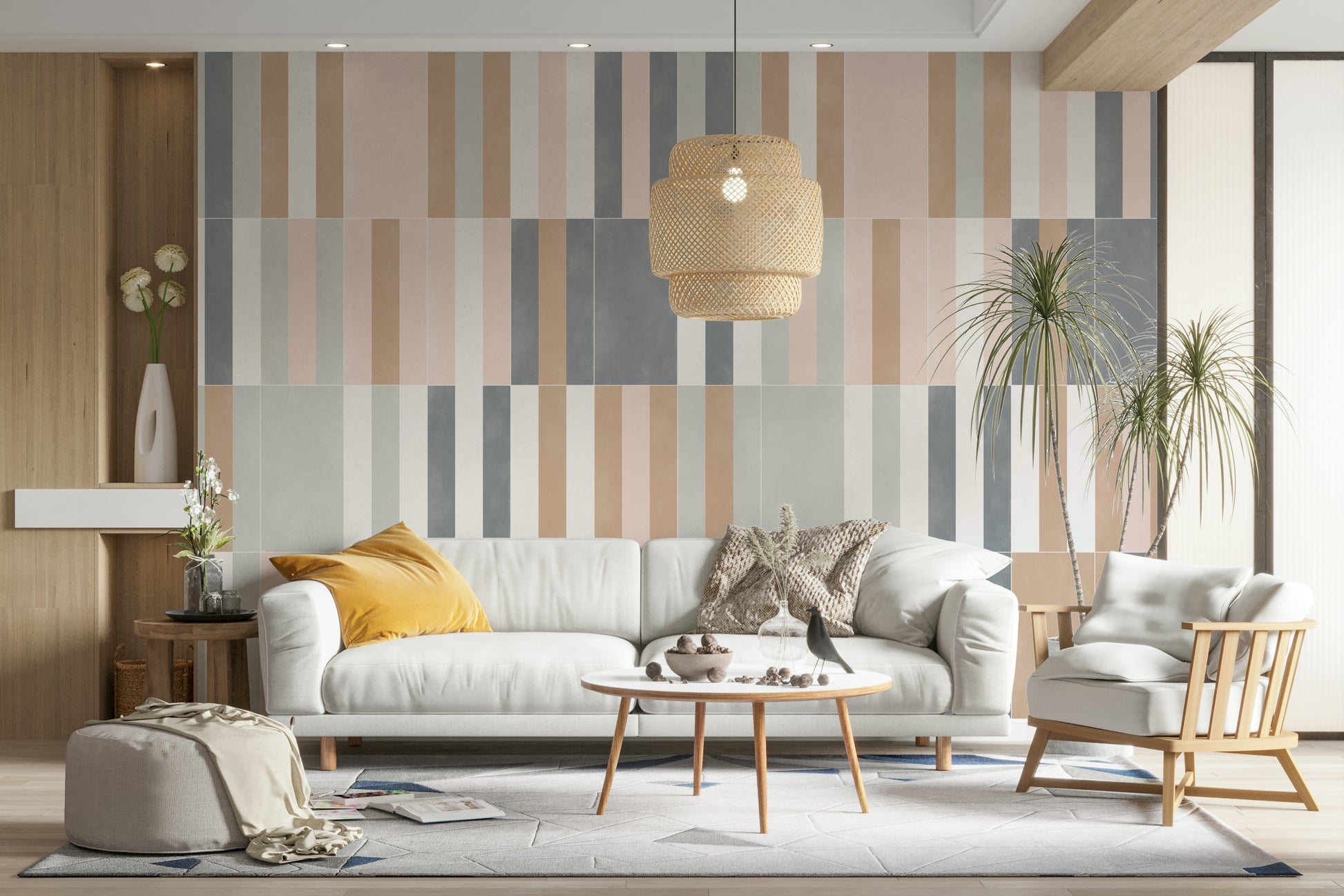 Muted pastel tiles wall mural for peaceful decor.

