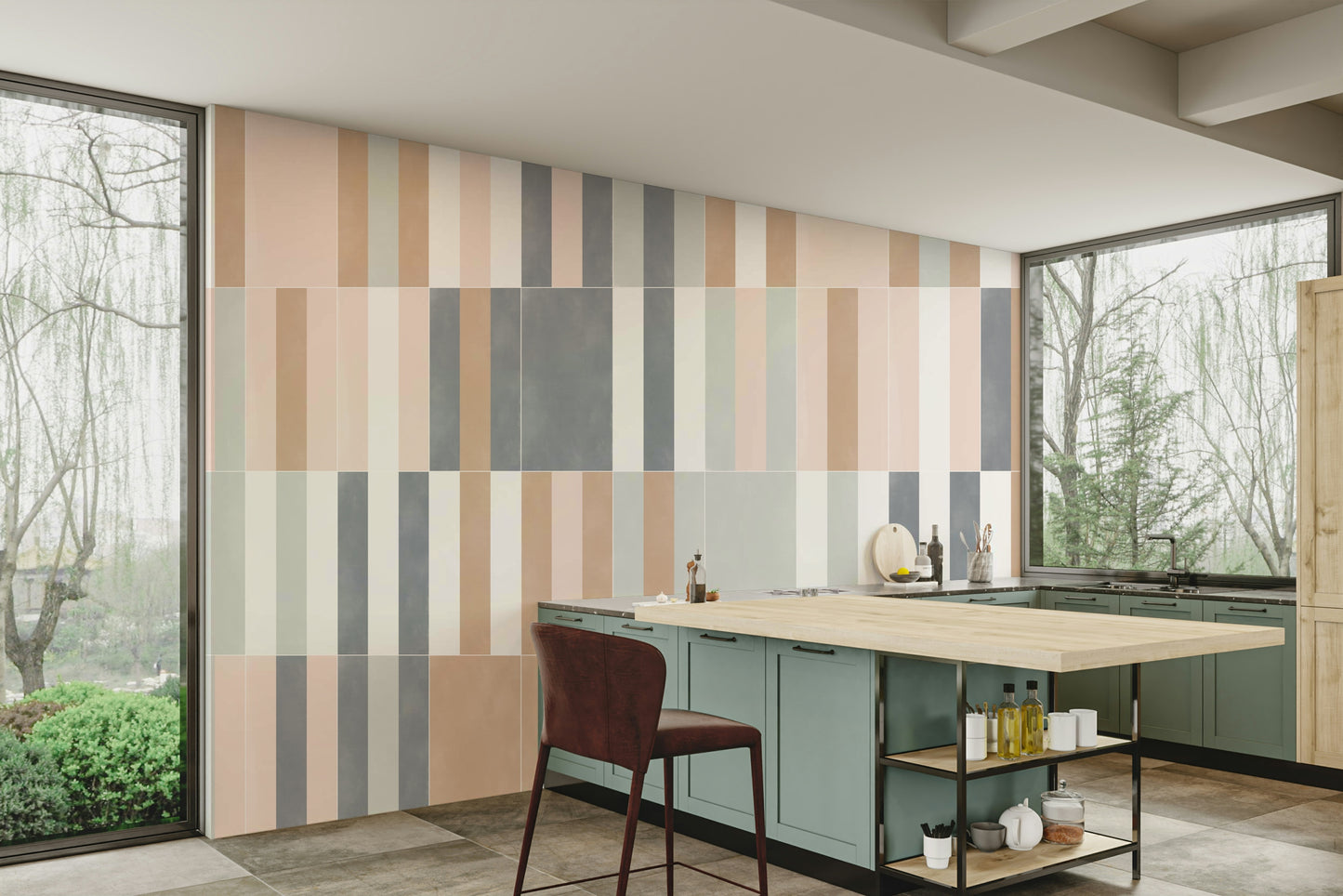 Timeless pastel tile mural in calming muted tones.

