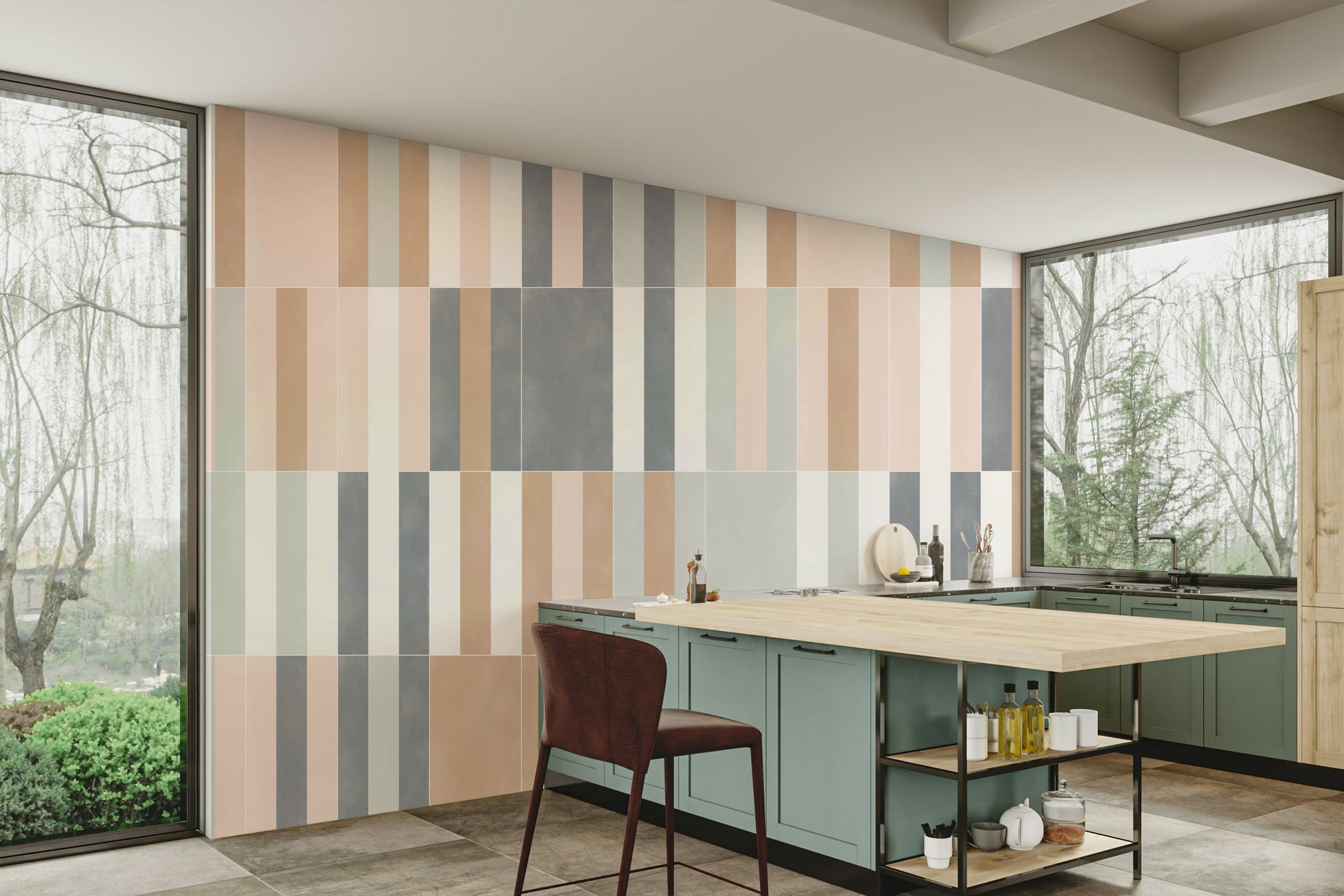 Timeless pastel tile mural in calming muted tones.

