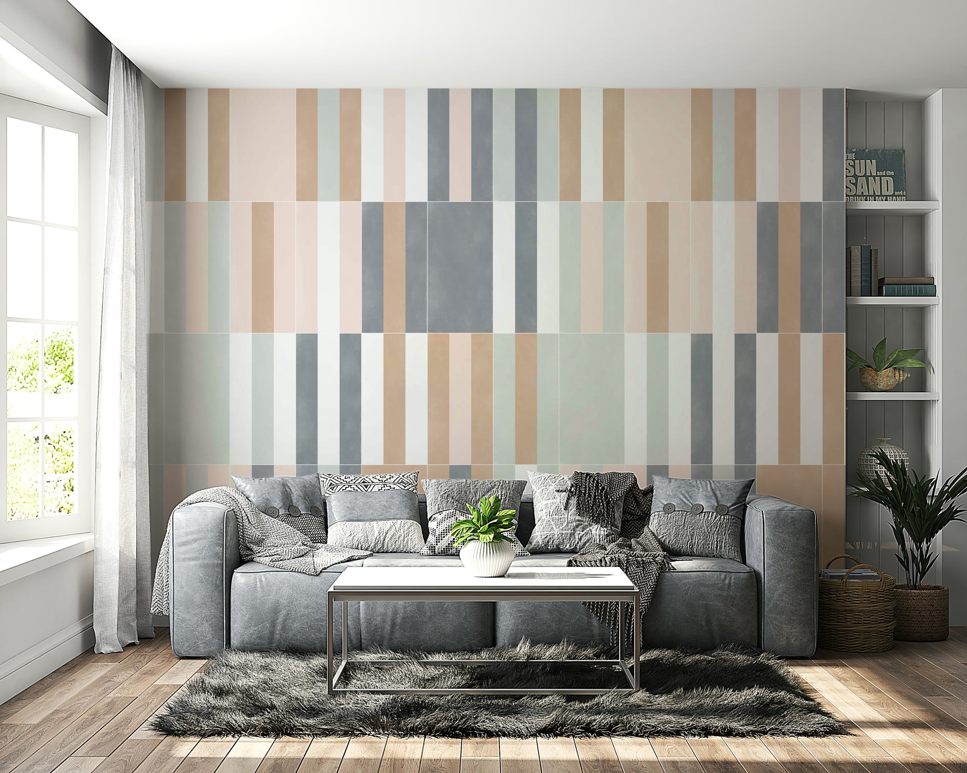 Light and airy muted pastel tiles wall art mural.

