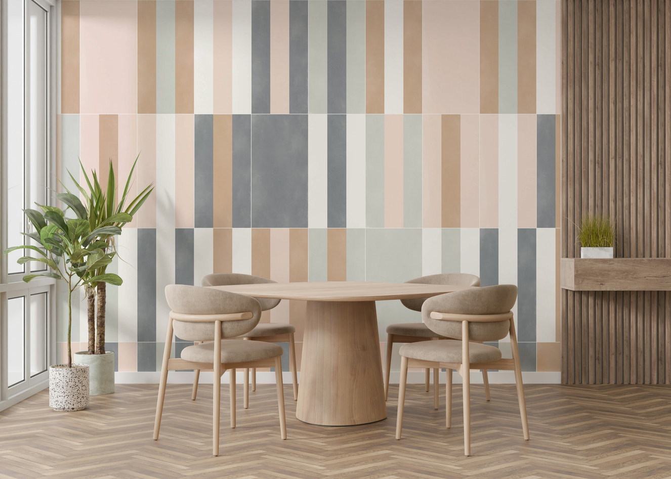 Soft pastel tile-inspired mural for a serene wall look.

