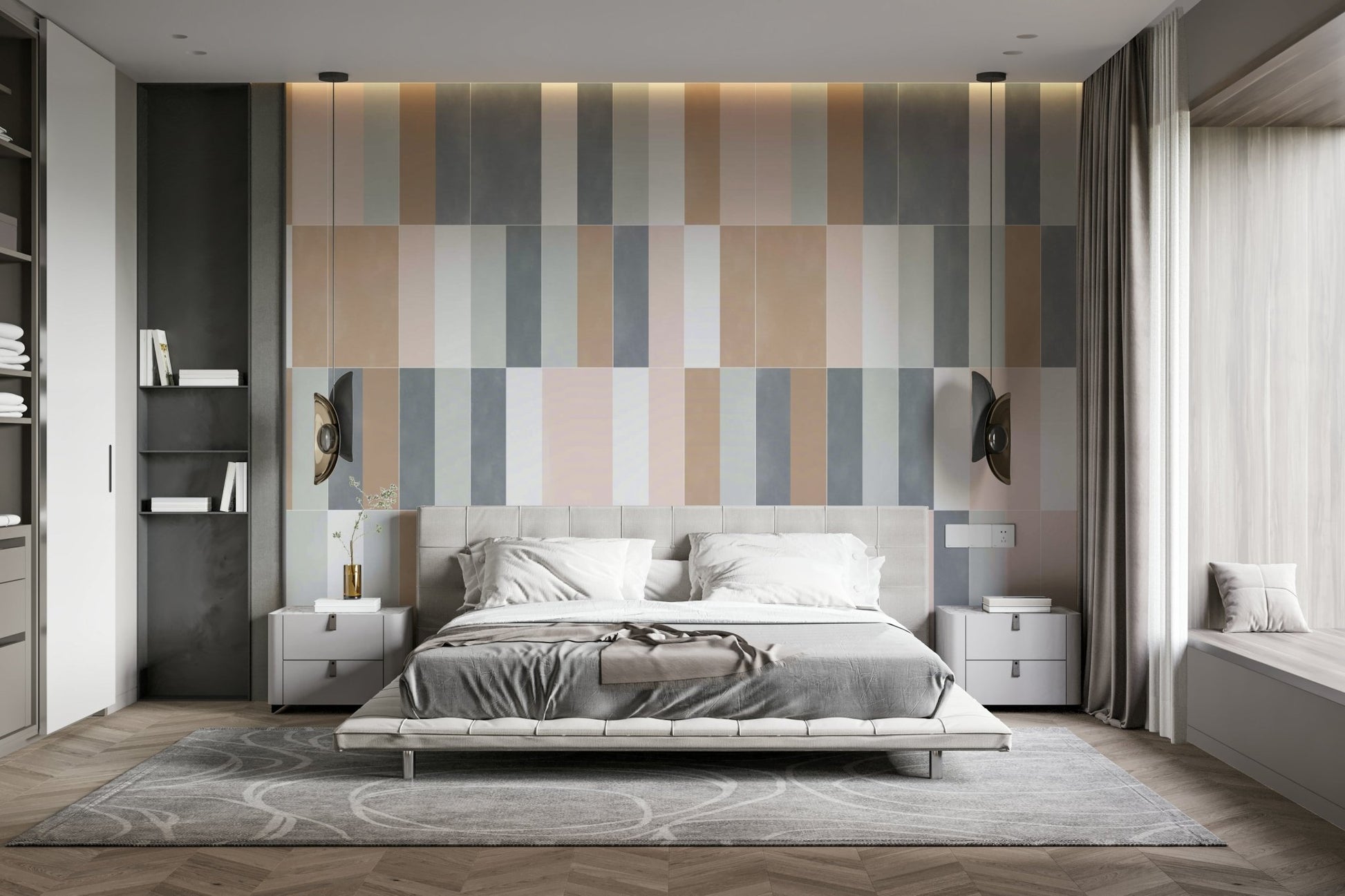 Delicate pastel tiles mural creating a peaceful ambiance.

