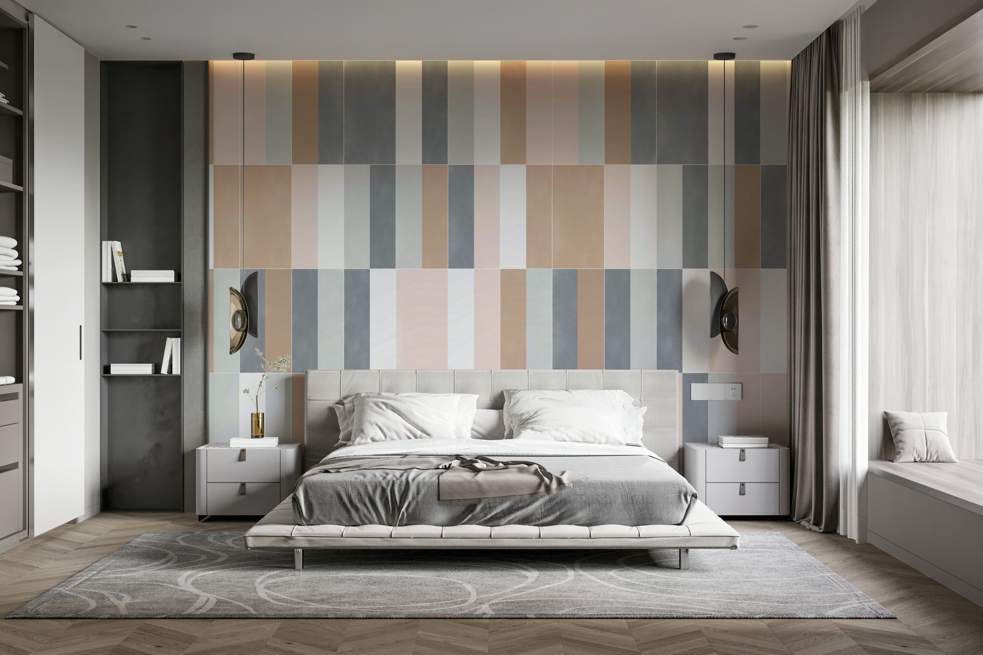 Delicate pastel tiles mural creating a peaceful ambiance.


