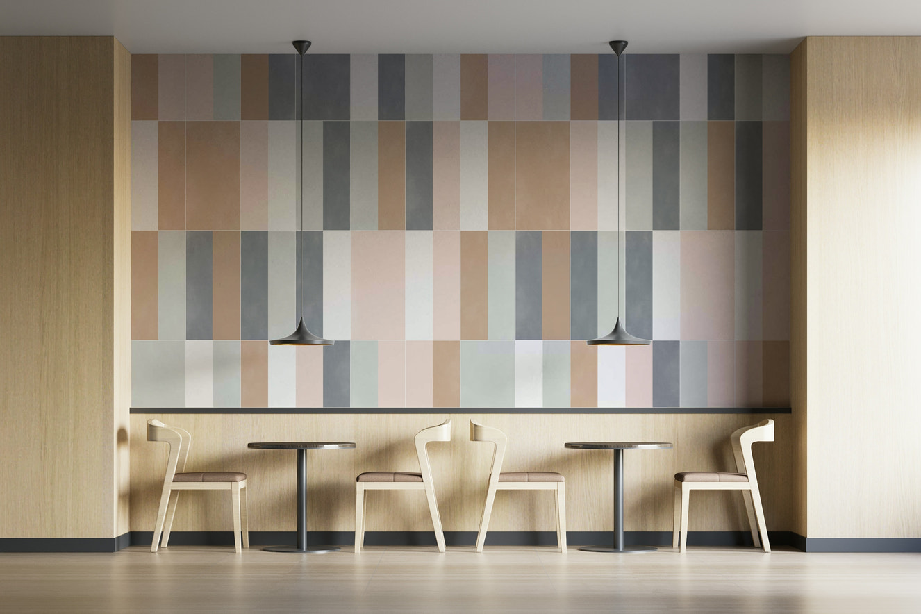 Muted pastel tiles wall mural with soft color palette.

