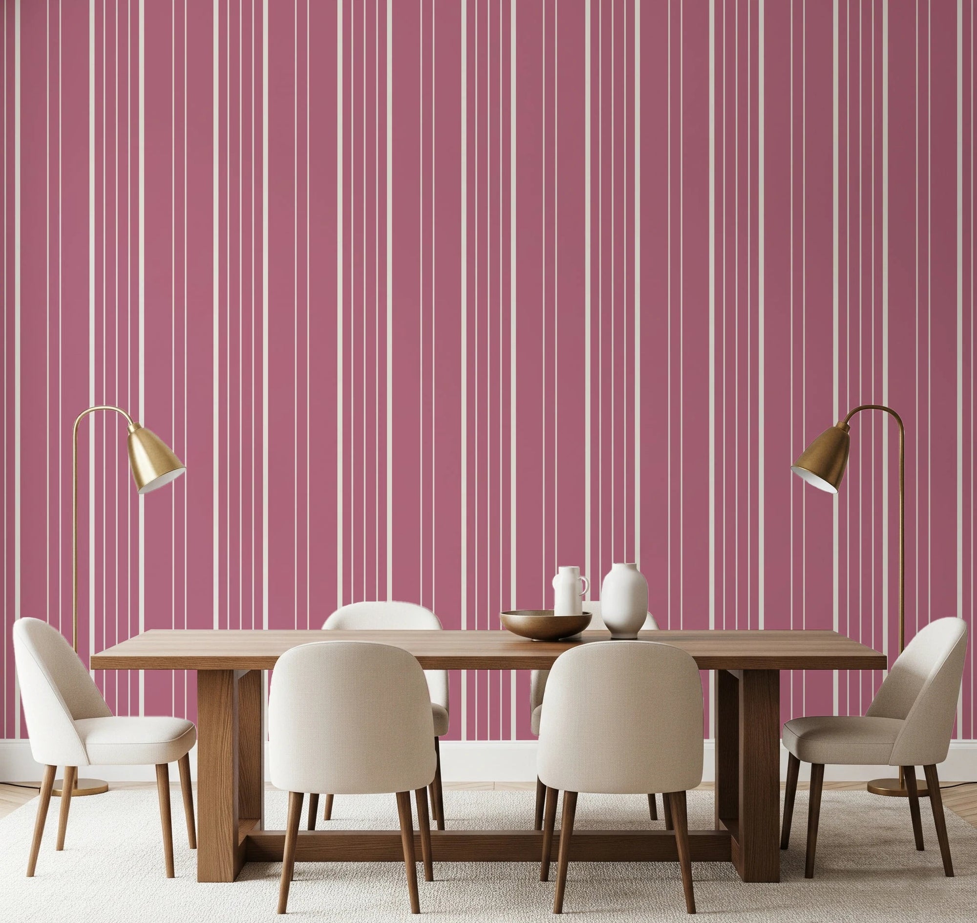 Dining room styled with Muted Pink Stripes Wallpaper and vertical line pattern, GD8227