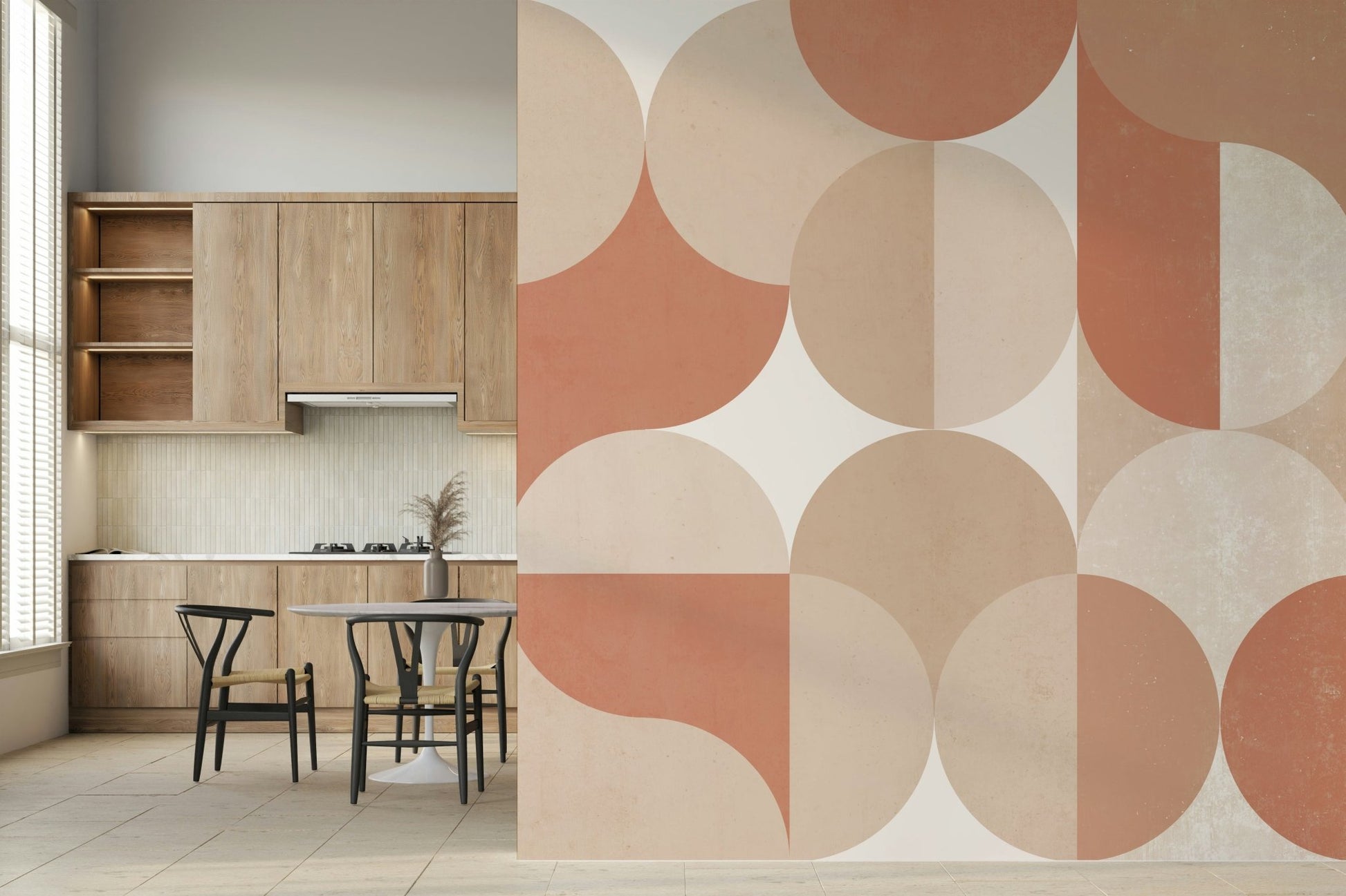A beautiful abstract circle wallpaper mural with muted warm tones and subtle shapes.