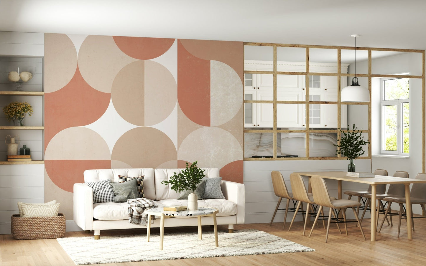 A calming abstract design wallpaper mural that defines a space.