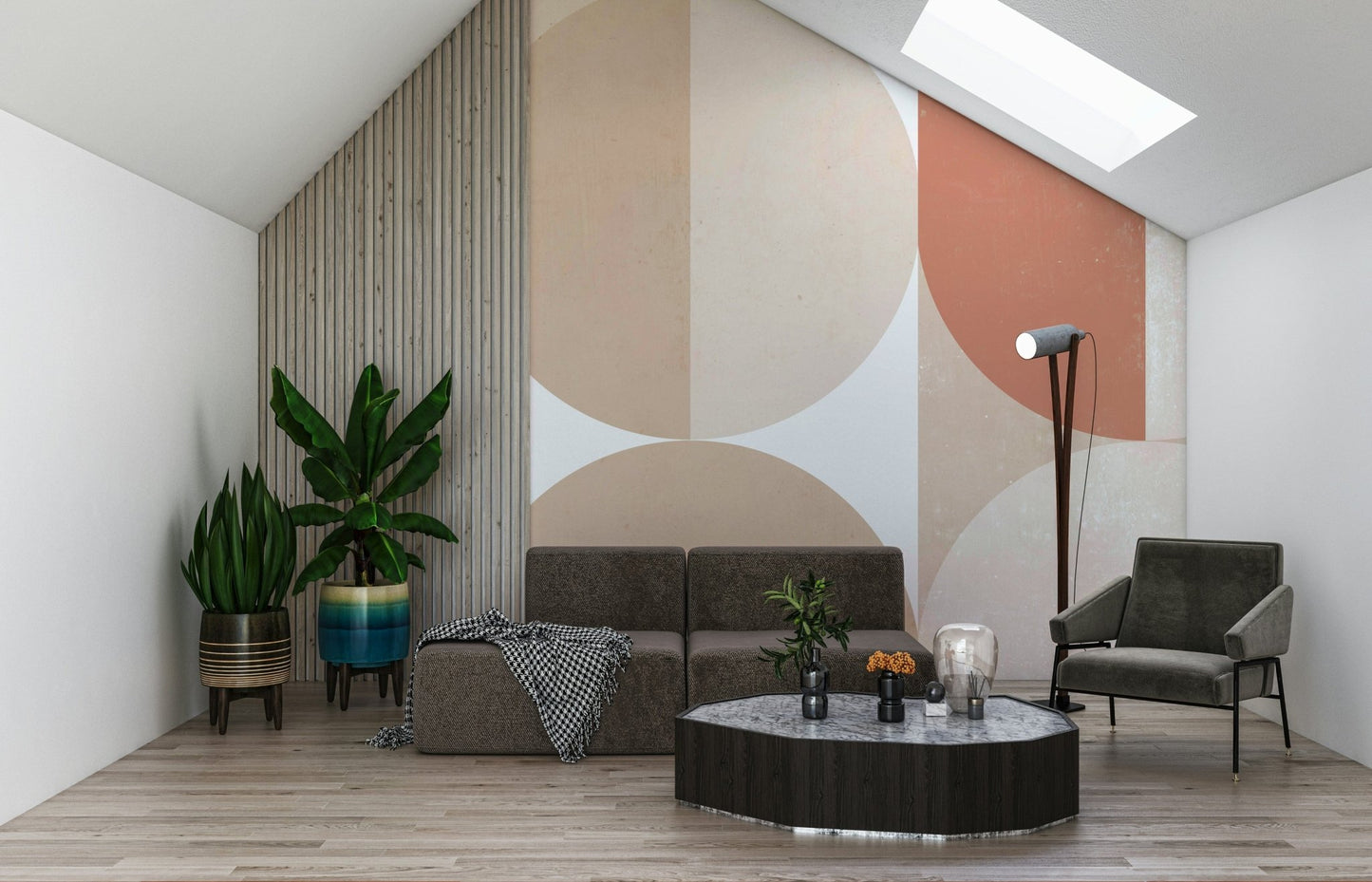 An artistic soft focus mural on minimalist wallpaper.