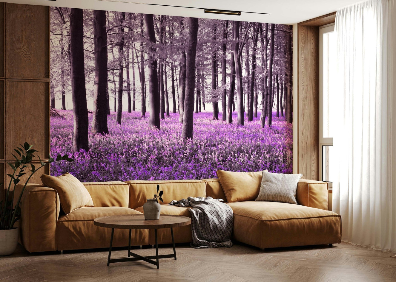 Mysteries of Bluebell Forest wallpaper for walls, purple woodland scene.