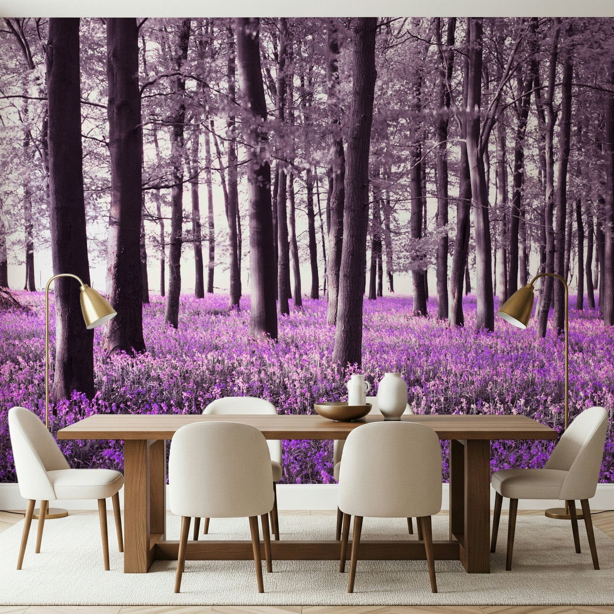 Wall mural with dark trees and vibrant purple flower carpet, Bluebell Forest., GD7248