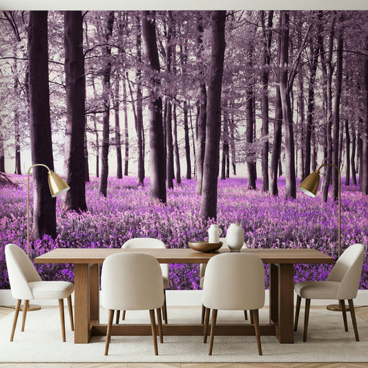 Wall mural with dark trees and vibrant purple flower carpet, Bluebell Forest.