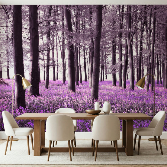 Wall mural with dark trees and vibrant purple flower carpet, Bluebell Forest., GD7248
