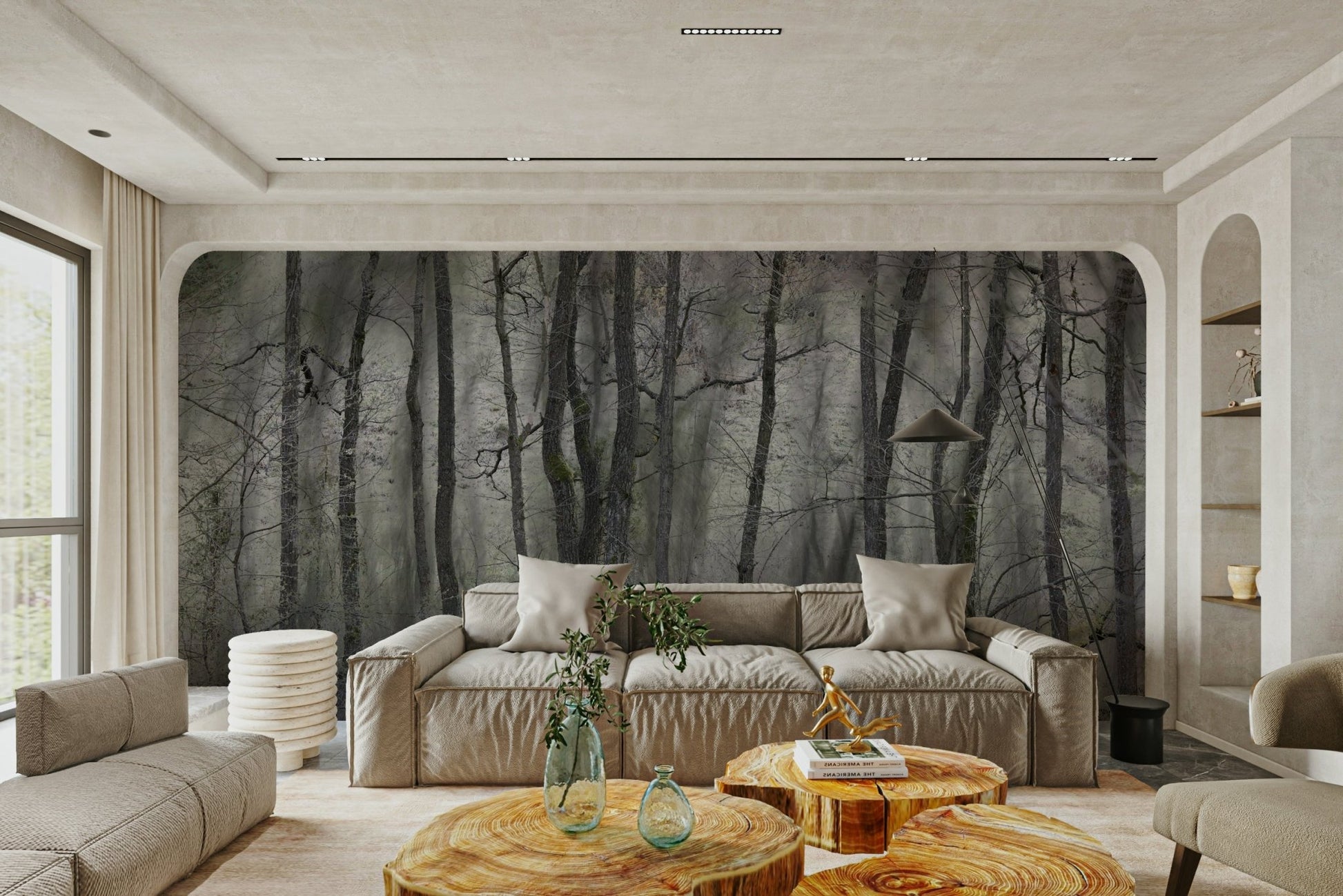 The color palette is composed of muted grays, subtle greens, and soft, diffused light, creating a mysterious and tranquil atmosphere.
