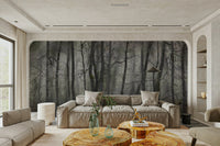 The color palette is composed of muted grays, subtle greens, and soft, diffused light, creating a mysterious and tranquil atmosphere.
