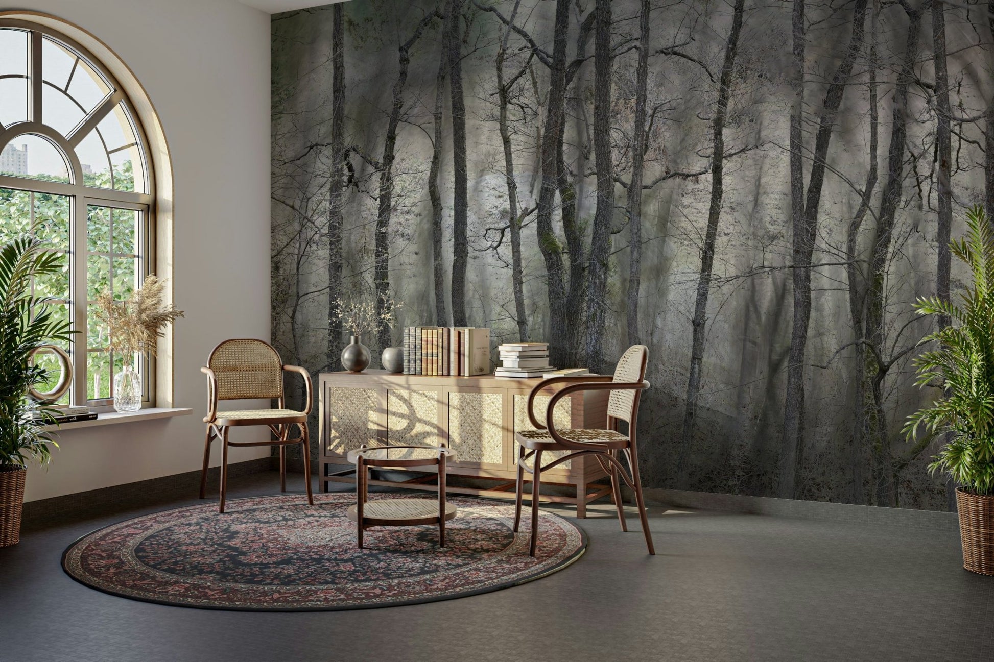 Captures the essence of a mysterious forest in a moment of quiet serenity.
