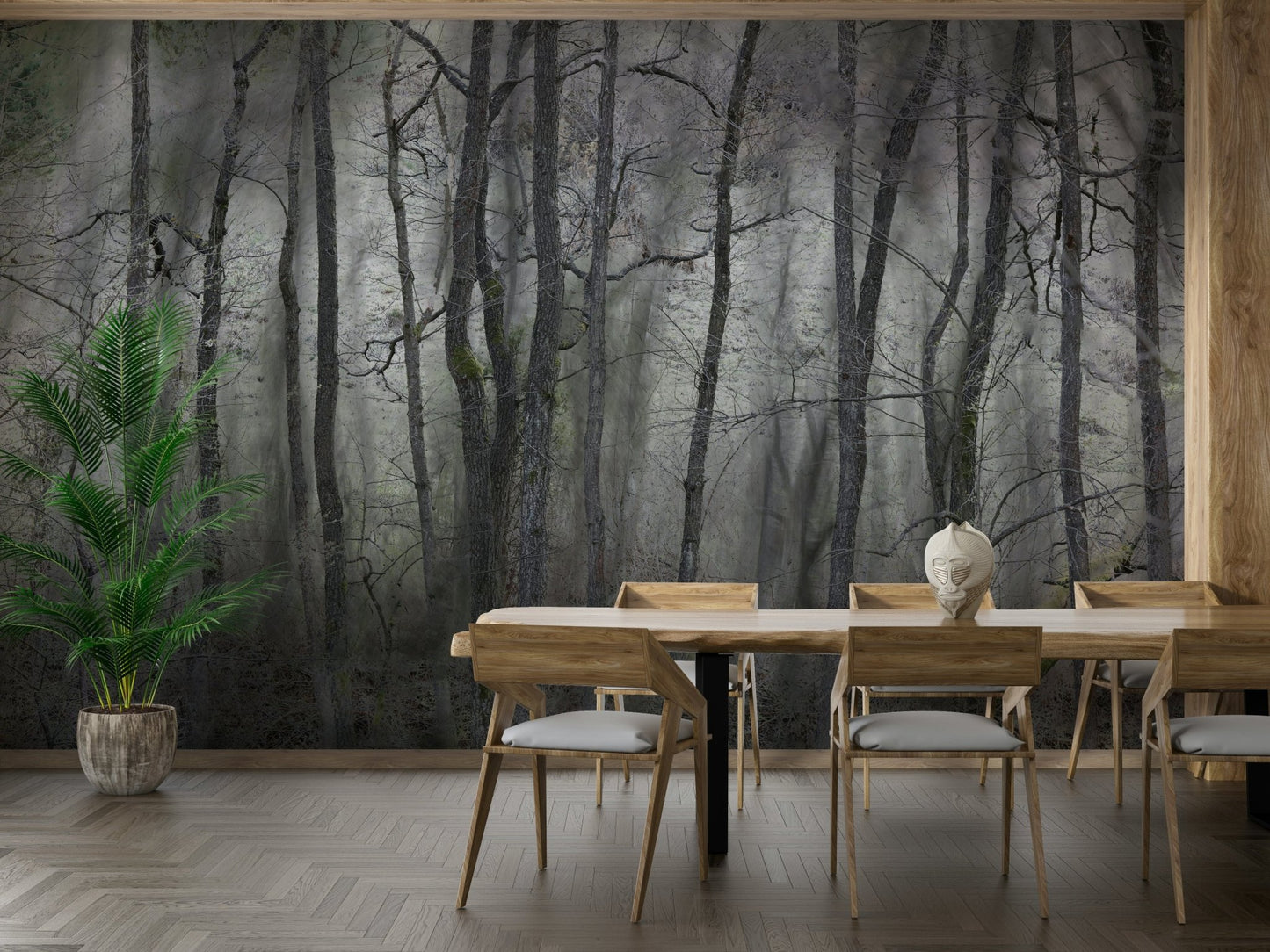 Features a forest landscape with trees, predominantly gray or muted in color, standing in atmospheric stillness.
