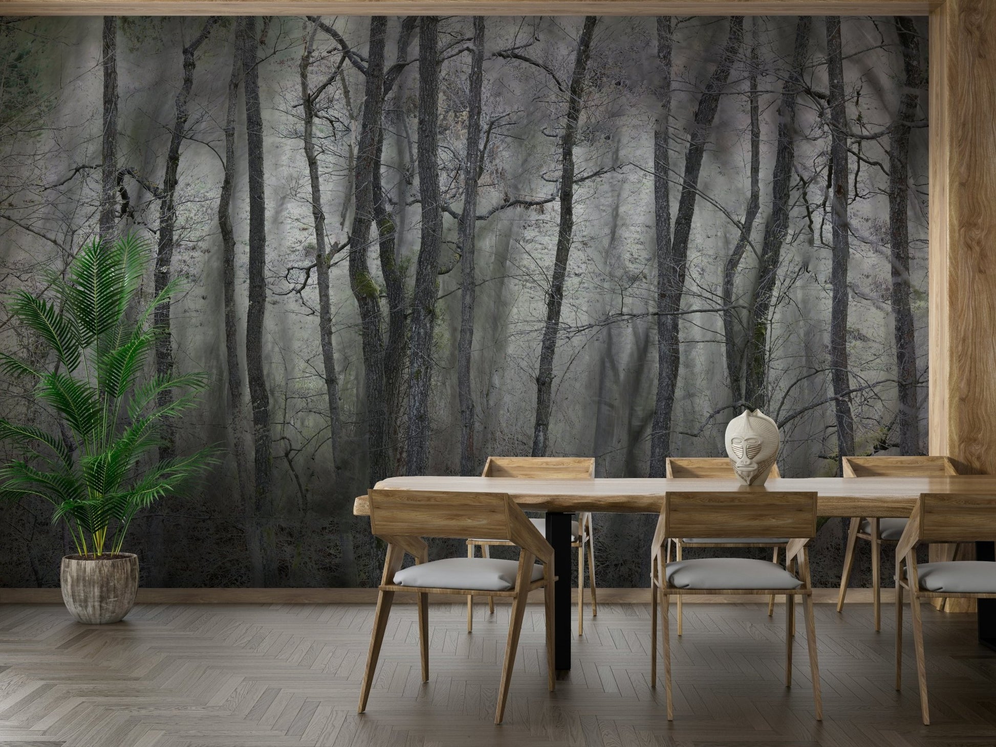 Features a forest landscape with trees, predominantly gray or muted in color, standing in atmospheric stillness.
