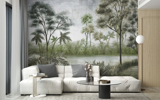 Hazy forest wallpaper mural design, A408