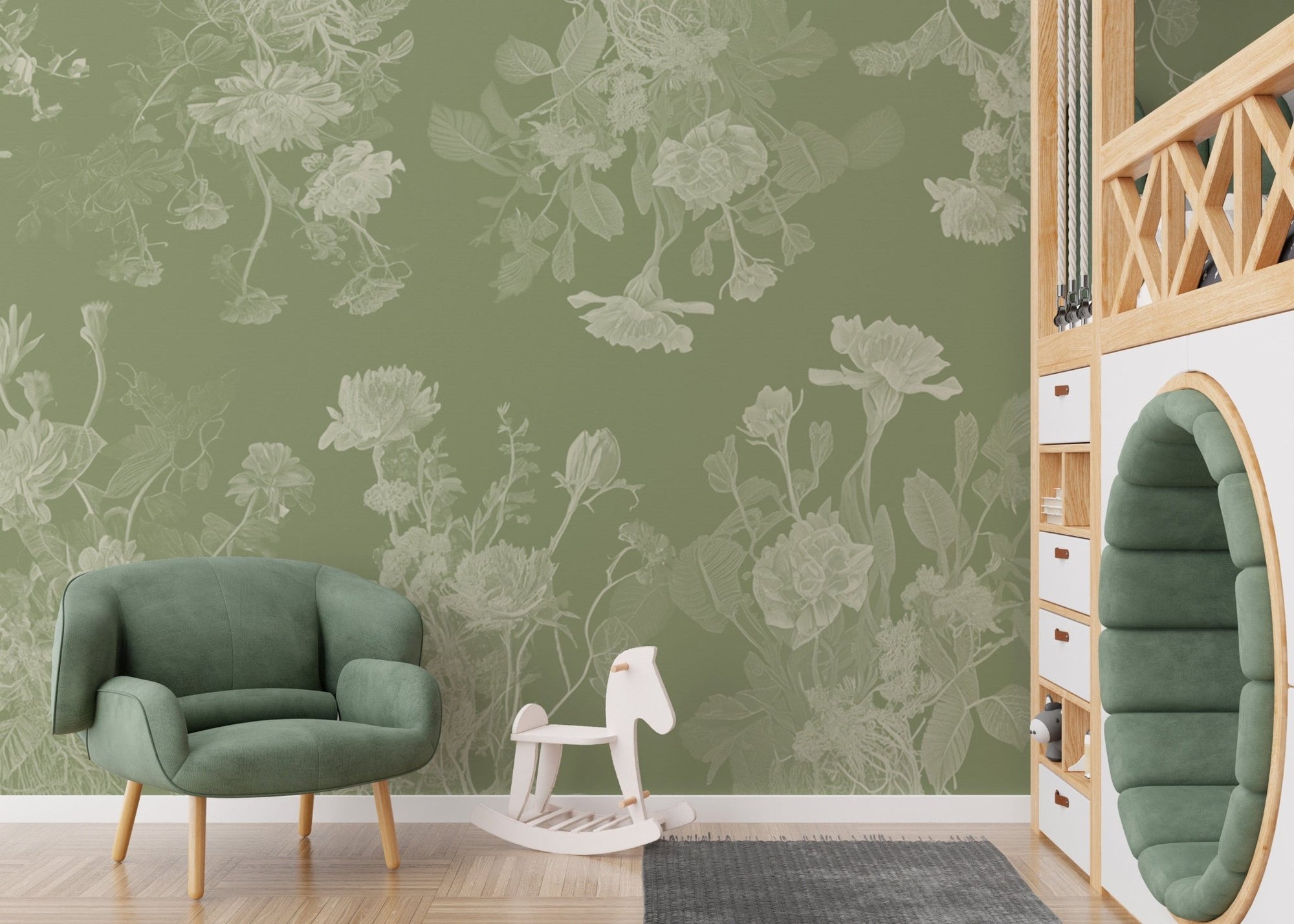 Stunning green floral wallpaper mural perfect for tranquil interiors. DTIL13