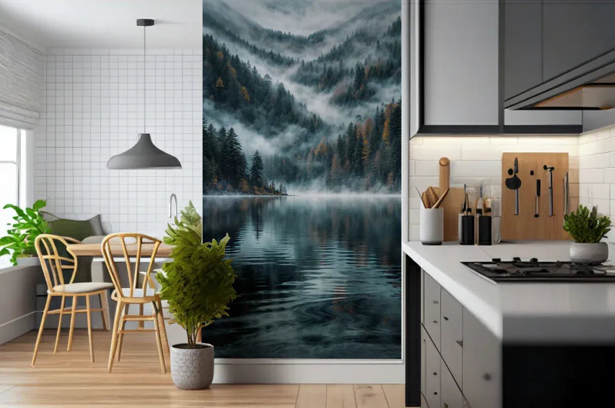 Modern living room with Mystic Lake Reflections wall mural in blue tones.