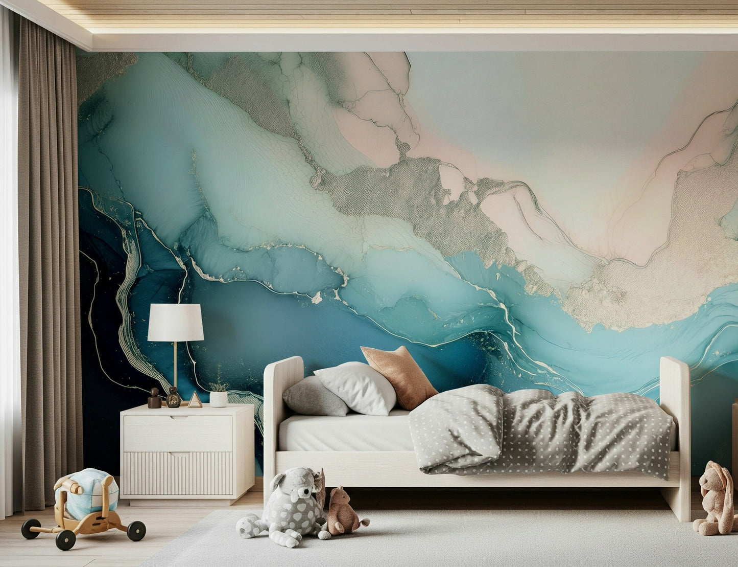 Modern living room featuring the beautiful Mystic Mineral Layers Turquoise Wall Mural.