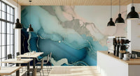 Bedroom feature wall showcasing the serene Mystic Mineral Layers Turquoise Wall Mural.