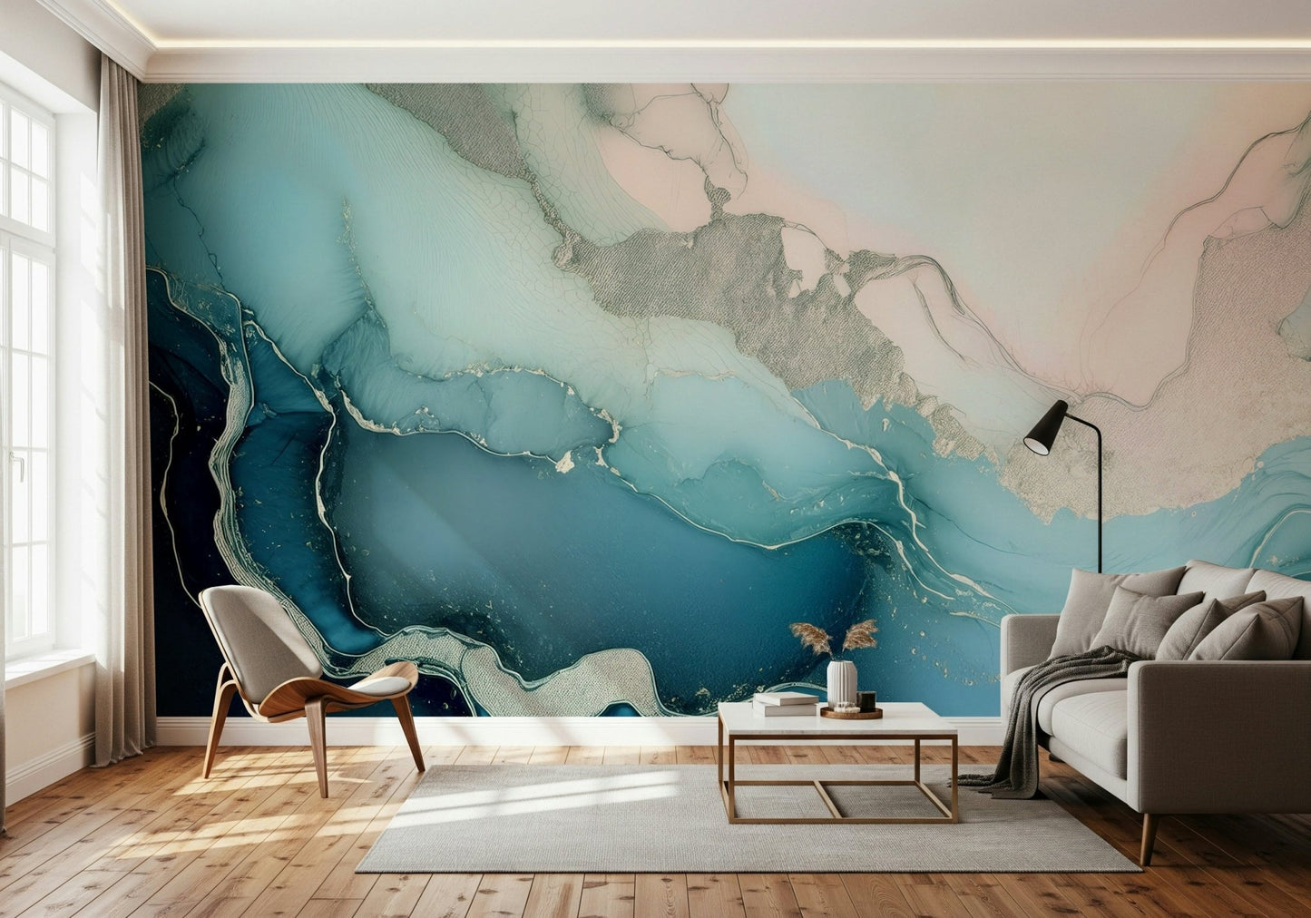 Modern bedroom accented by the Mystic Mineral Layers Turquoise Wall Mural.