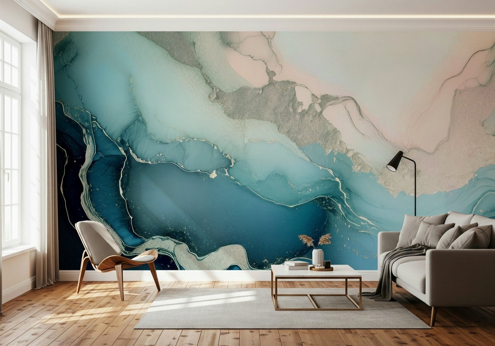 Modern bedroom accented by the Mystic Mineral Layers Turquoise Wall Mural.