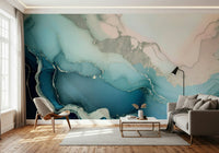 Modern bedroom accented by the Mystic Mineral Layers Turquoise Wall Mural.