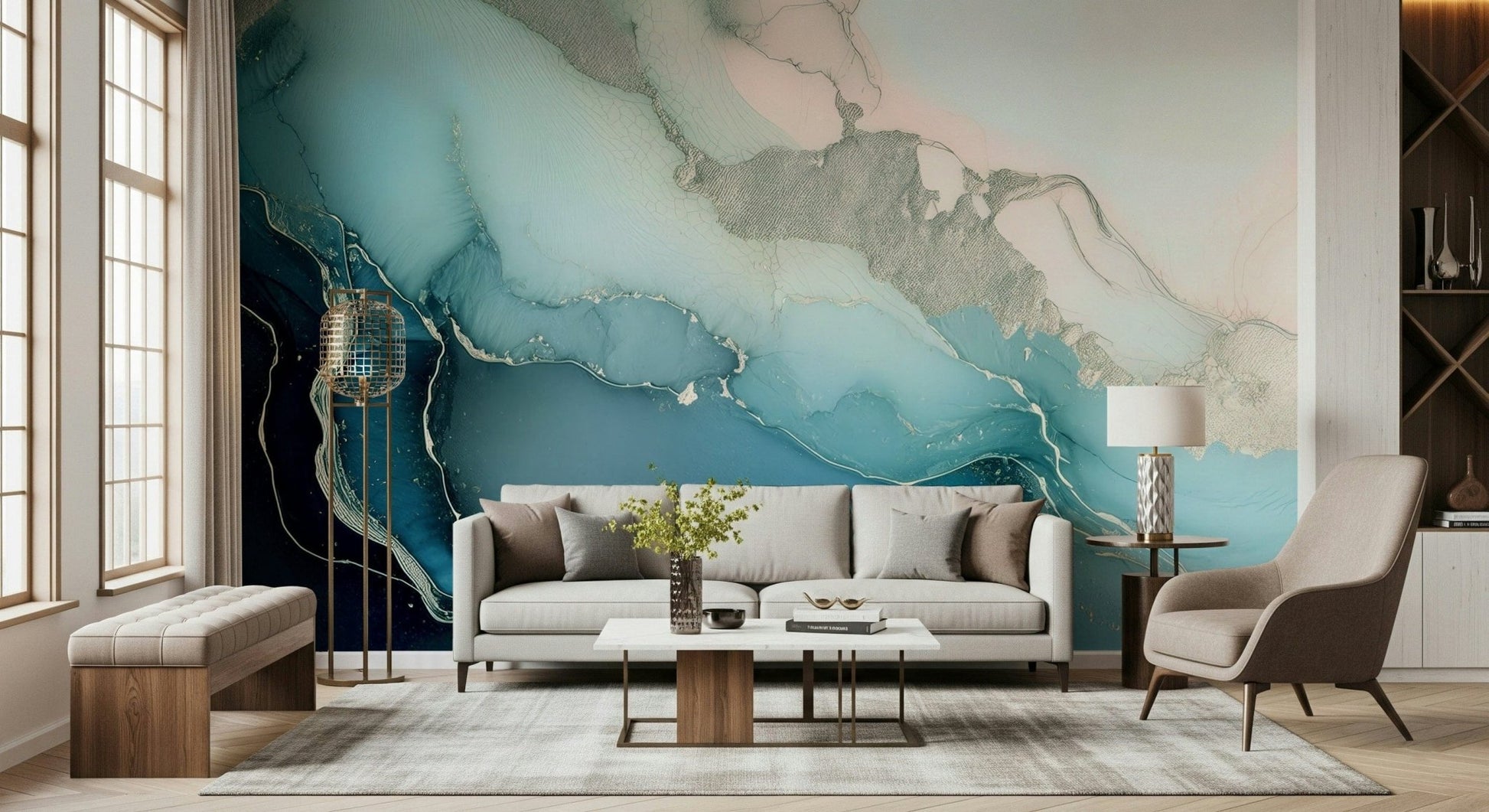 Designer accent wall using the Mystic Mineral Layers Wall Mural.