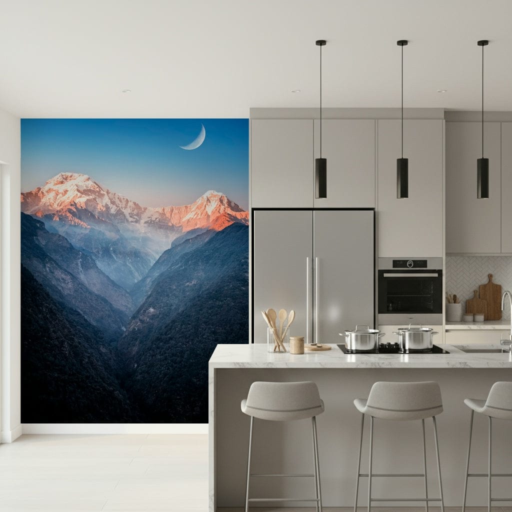 This kitchen setting feels more atmospheric with Mystic Peaks at Dusk Wall Mural and dusk ridges