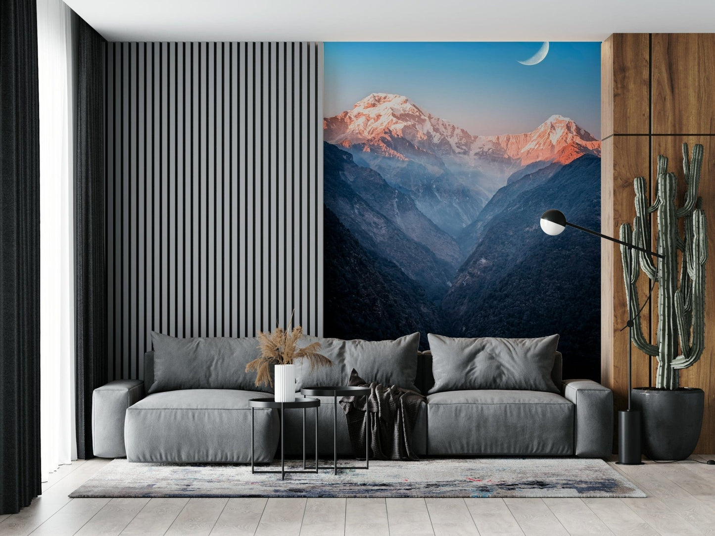Mystic Peaks at Dusk Wall Mural gives this lounge a quiet twilight summit backdrop