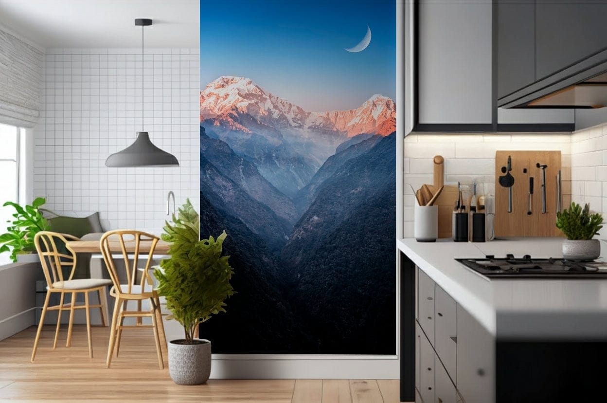 A warm kitchen corner softened by Mystic Peaks at Dusk Wall Mural and moonlit sky detail
