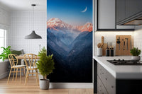 A warm kitchen corner softened by Mystic Peaks at Dusk Wall Mural and moonlit sky detail